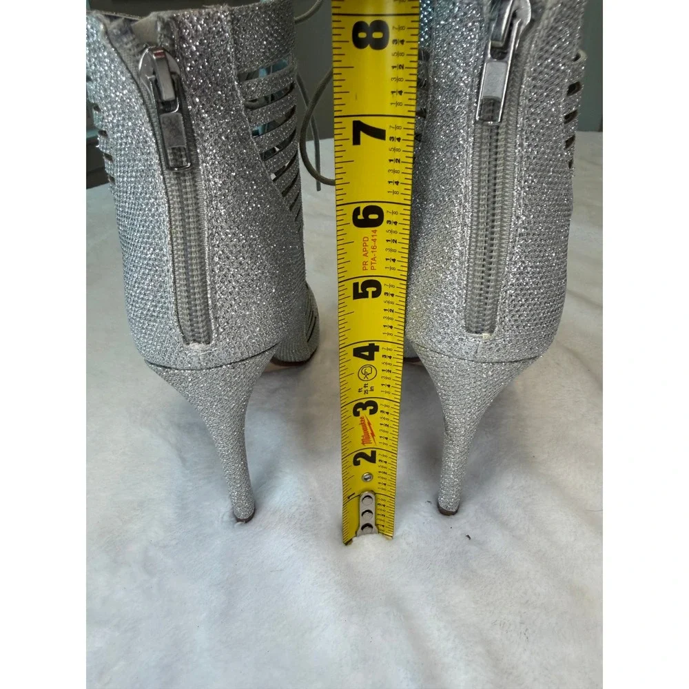Silver Glitter Lace Up Peep Toe‎ Booties Cage Cutout High Heels Size 8.5 NIB